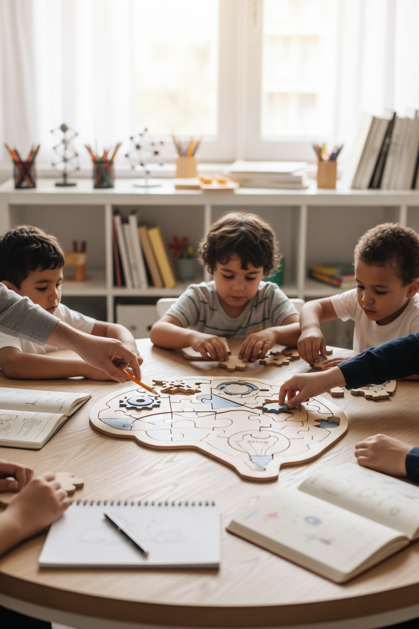 Quattro bambini siedono intorno a un tavolo di legno e lavorano insieme a un grande puzzle a forma di cervello umano.